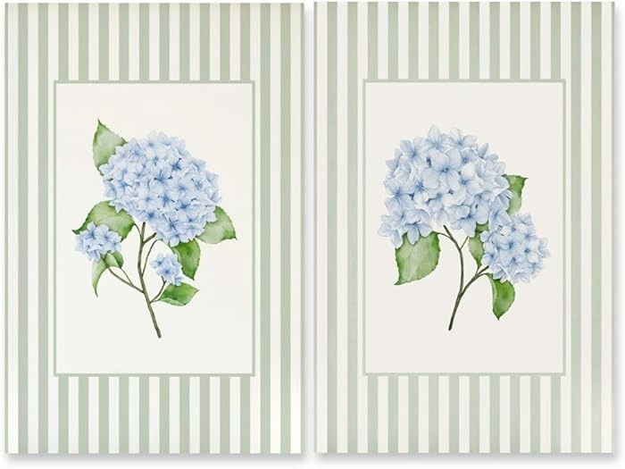 Green Striped Blue Hydrangea Wall Art Set French Country Floral Canvas Prints Vintage Grandmillen... | Amazon (CA)