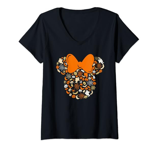 Womens Disney Minnie Mouse Halloween Ghosts Pumpkins Spiders V-Neck T-Shirt | Amazon (US)