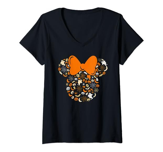 Womens Disney Minnie Mouse Halloween Ghosts Pumpkins Spiders V-Neck T-Shirt | Amazon (US)