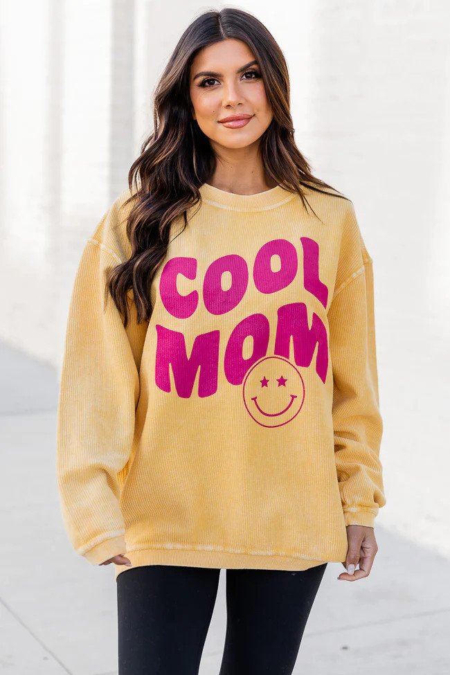 Smiley Cool Mom Gold Corded Graphic Sweatshirt | Pink Lily