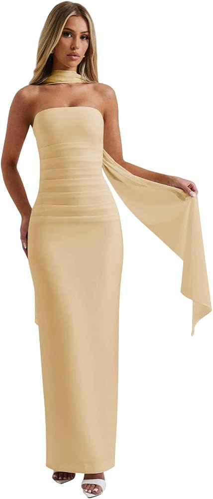 Strapless Prom Dresses with Scarf Mermaid Long Pleated Slit Spandex Formal Maxi Dresses for Women | Amazon (US)
