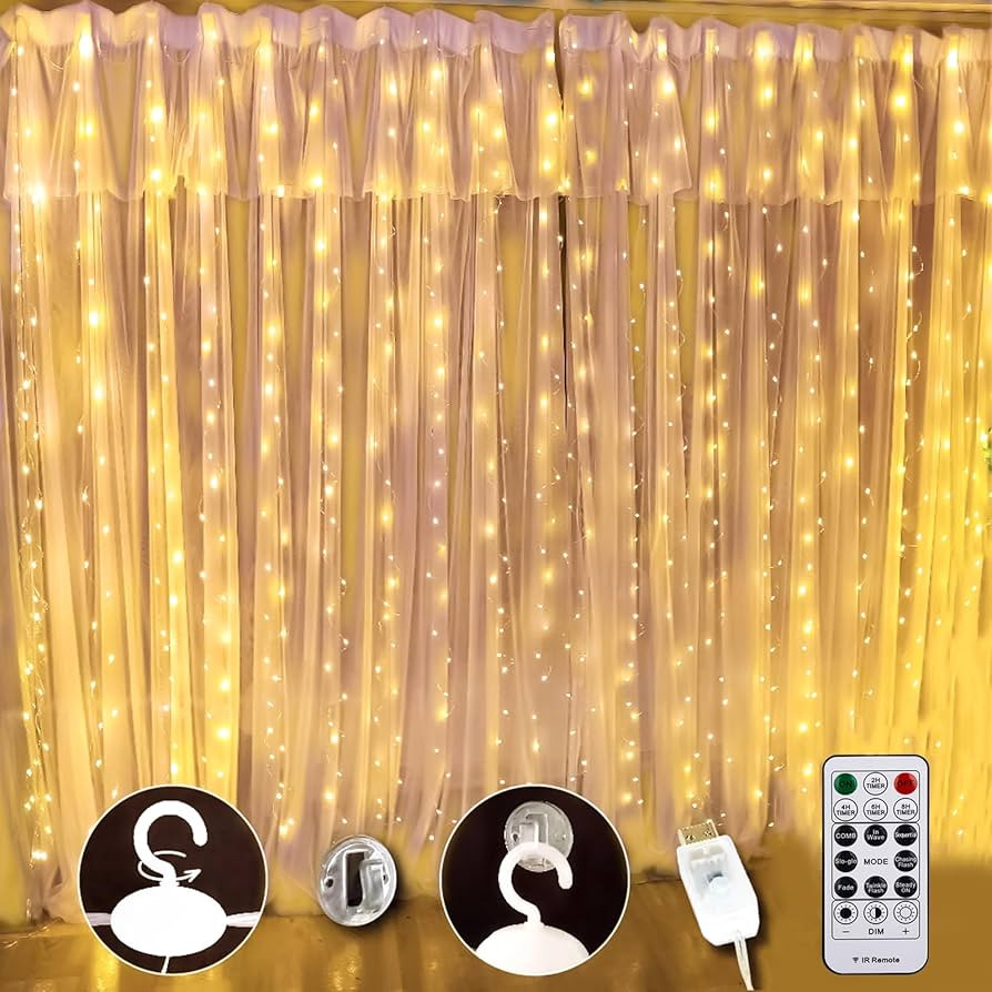 Warm White Curtain Light for Bedroom, 300 LED 9.8ft x 9.8ft Window Fairy Curtain String Light wit... | Amazon (US)