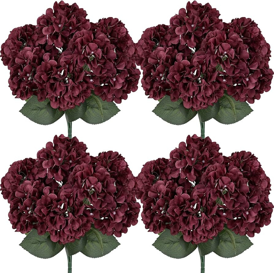 4 Bundles Large Hydrangea Artificial Flowers - Dark Burgundy | Amazon (US)
