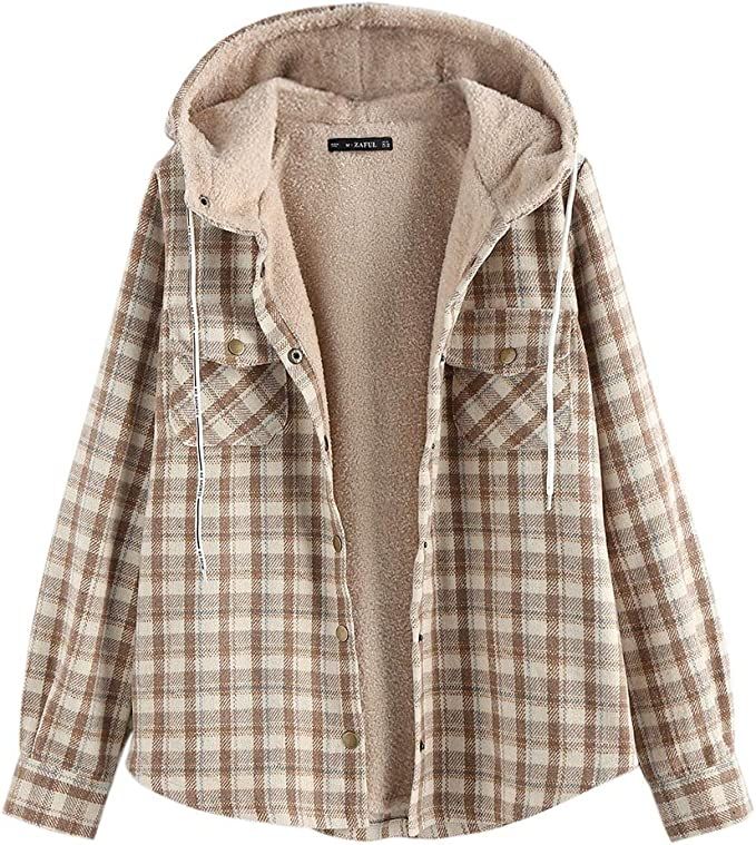 ZAFUL Women's Plaid Fleece Lined Hooded Jacket Button Up Oversized Fuzzy Coat Checkered Flannel H... | Amazon (US)