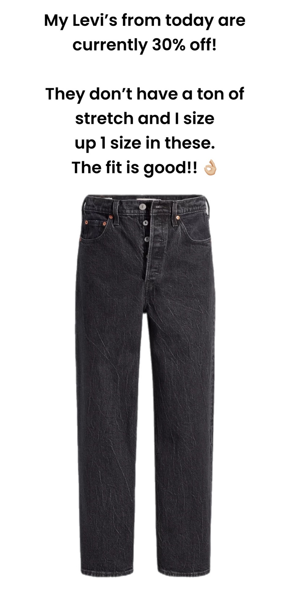 Me Levi’s from today! 👌🏼

I go up 1 size in these 

Not a ton of stretch but very flattering! 

Inseam is a 29 

Levi’s 
Ribcage 


#LTKSeasonal #LTKover40 #LTKstyletip