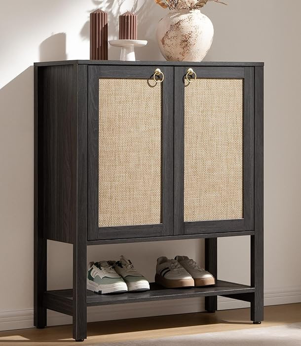 SICOTAS Rattan Shoe Storage Cabinet - 5 Tier Farmhouse Boho Shoe Storage Organizer Cabinet with D... | Amazon (US)