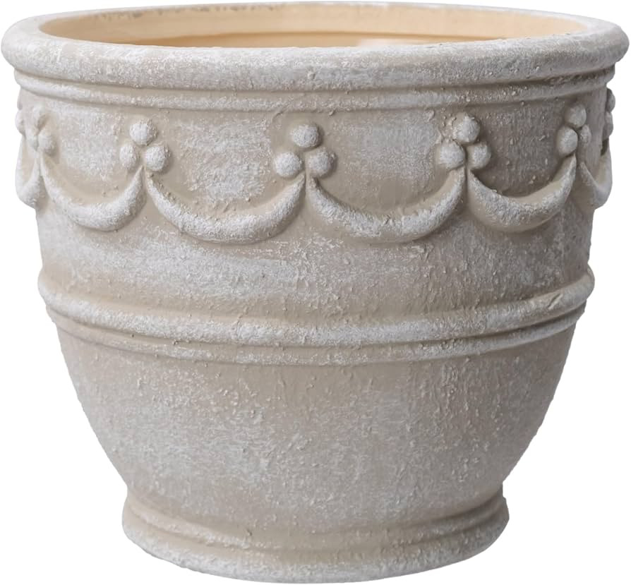 8 Inch Ceramic Planter, Retro Wave Embossed Flower Pot with Drainage Hole and Plug, Cream | Amazon (US)