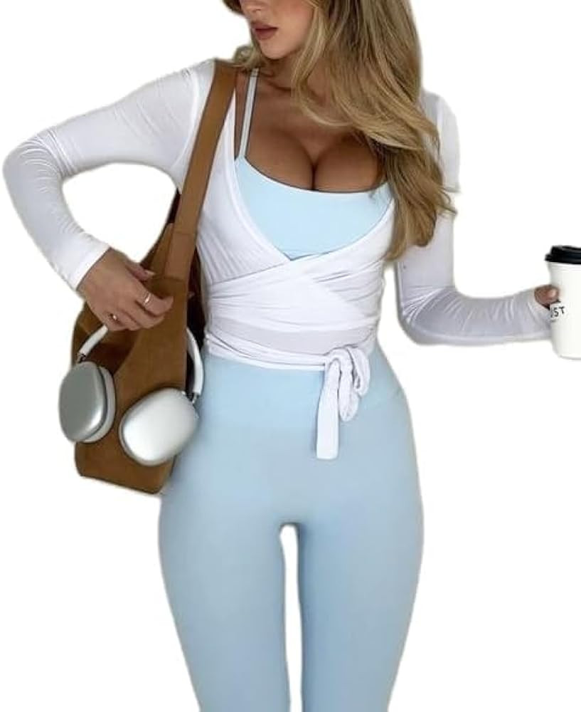 Ballet Wrap Tops for Women Y2k Long Sleeve Pilates Coquette Tops V-Neck Fitted Tie Front Crop Shi... | Amazon (US)