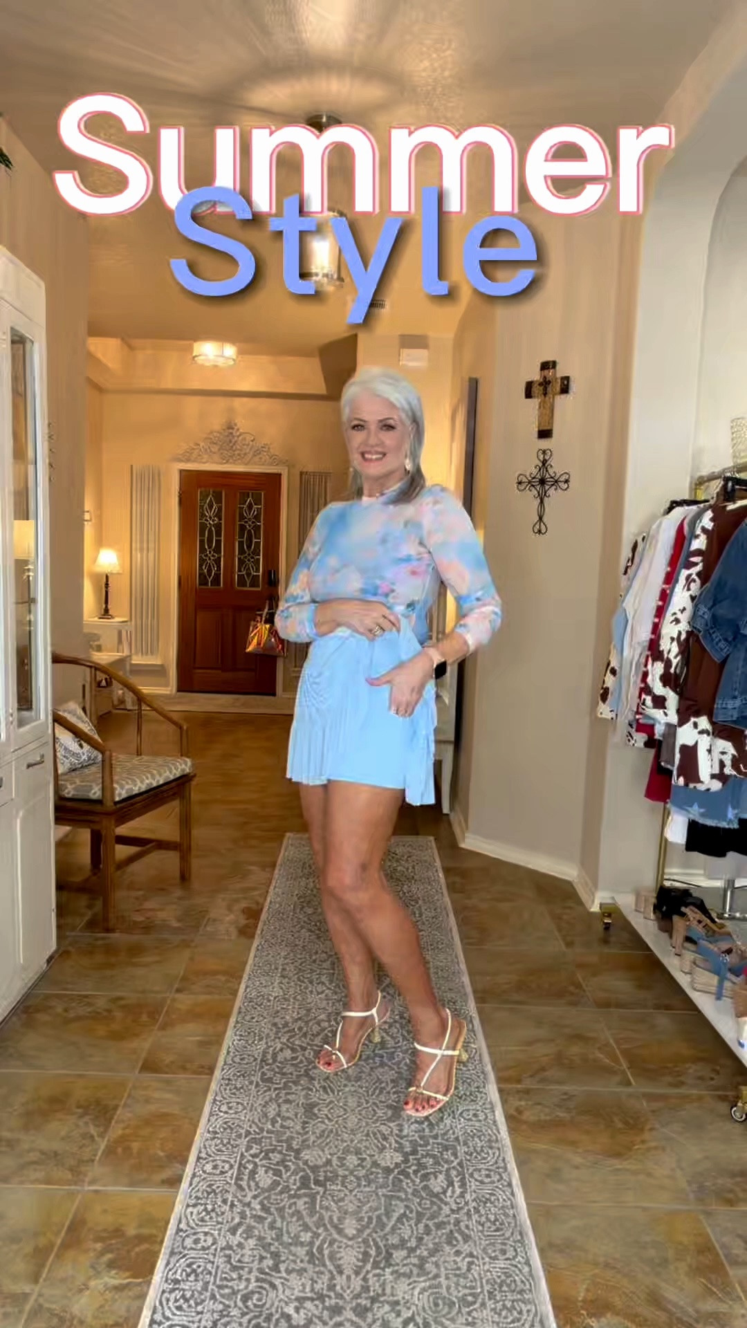 Summer Style with my fave skort in baby blue!  It’s so easy to wear!  I size up to Large for length. The sheer top is beautiful and I have a blue sports bar underneath. The kitten heels are precious and only 2 inch heel. Very comfortable!  The Jean jacket is great for summer with short sleeves and the linen blazer is perfect for many spring/sumner outfits.

#LTKSaleAlert #LTKootd #LTKPetite