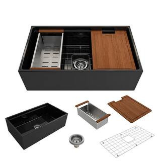 Step-Rim Black Fireclay 33 in. Single Bowl Farmhouse Apron Front Workstation Kitchen Sink with Ac... | The Home Depot