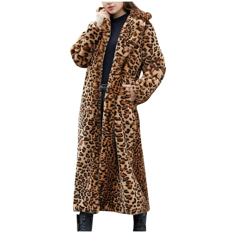 DeHolifer Womens Winter Coats Leopard Print Fleece Cardigan Faux Fur Long Jacket Retro Lapel Warm... | Walmart (US)