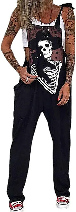 Amazon.com: PAODIKUAI Women's Casual Skull Printed Overalls Loose Rompers Jumpsuit with Pockets (... | Amazon (US)