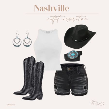 This Nashville outfit inspiration includes black denim shorts paired with a white tank bodysuit, black cowboy boots, a black cowboy hat, turquoise earrings and a turquoise belt buckle. 

Vacation outfit, country concert outfit, Nashville vacation look, tall friendly fashion, Amazon fashion 

#LTKshoecrush #LTKstyletip #LTKfindsunder50