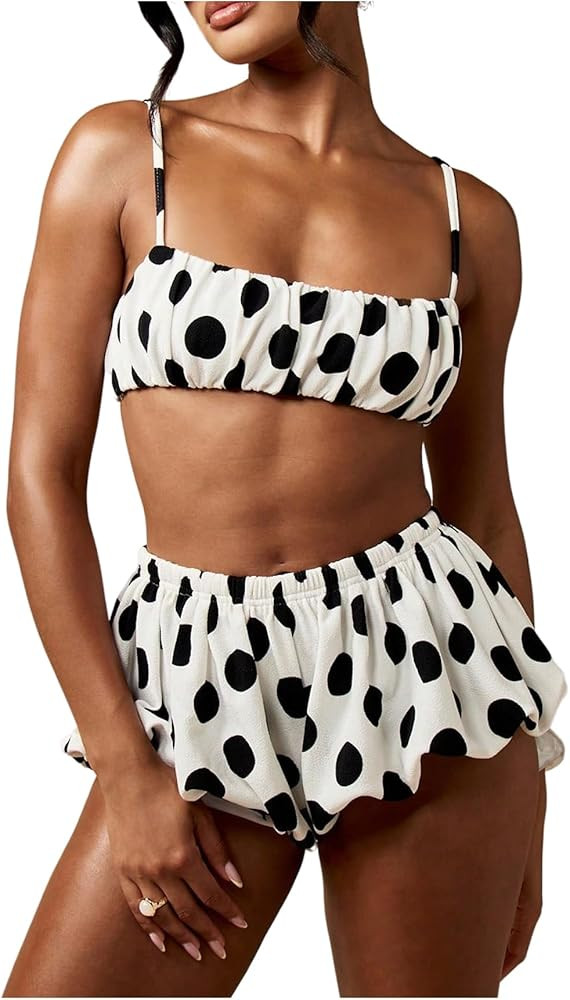 Verdusa Women's 2 Piece Polka Dots Sets Micro Crop Camisole Tops with Bubble Shorts Club Outfits | Amazon (US)
