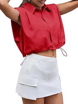 Tankaneo Womens Sleeveless Button Down Shirts Casual Loose V Neck Pad Shoulder Crop Tank Top Red ... | Amazon (US)