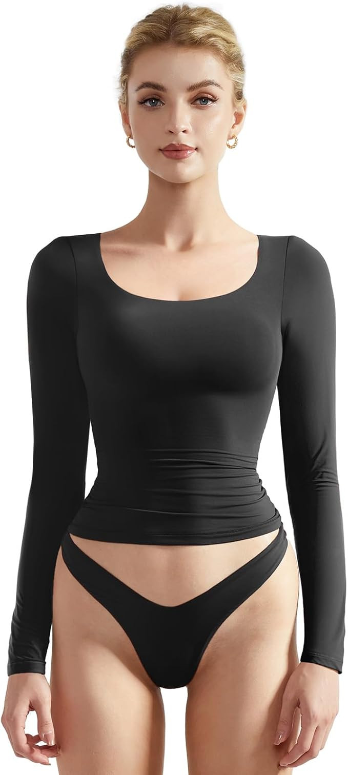 SUUKSESS Women Double Lined Scoop Neck Long Sleeve Crop Tank Tops Round Basic Shirts | Amazon (US)