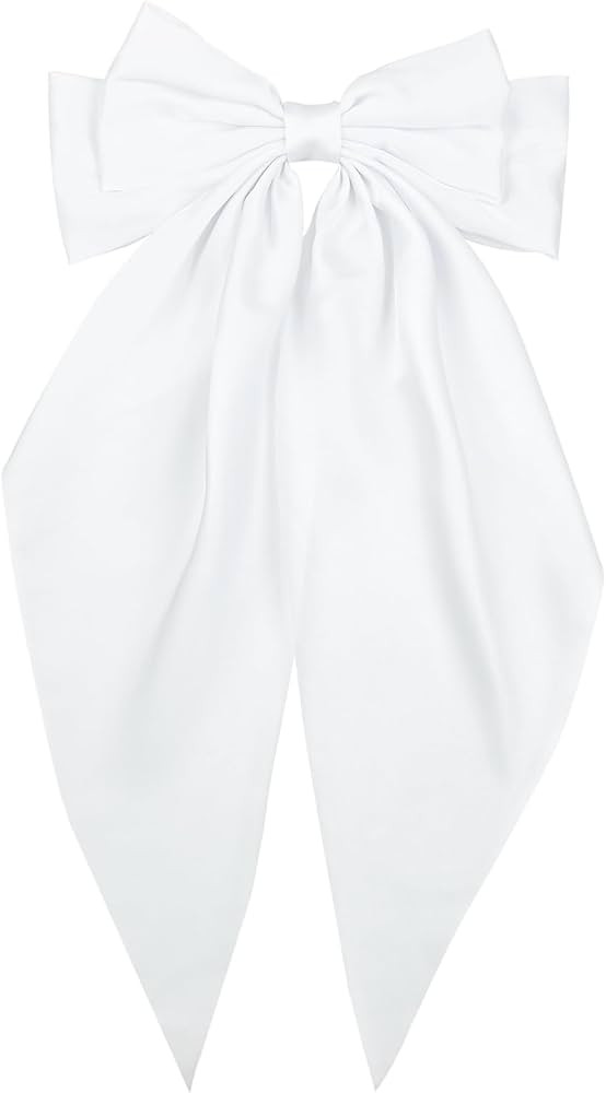 White Hair Bows Large Satin Hair Bow Clips for Women - Long Tail Ribbon Hair Accessory, Party, We... | Amazon (US)