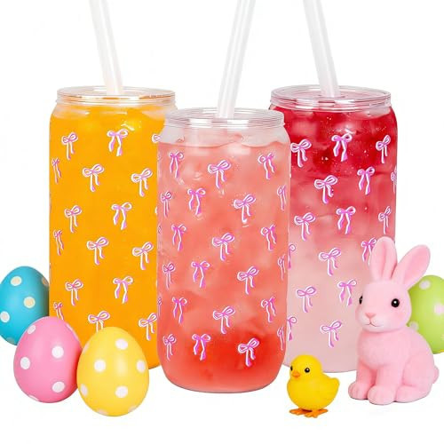 Ciaell 16 PCS Pink Bow Glass Cups with Lids and Straws - 16 Oz Preppy Can Shaped Plastic Glasses - Disposable Cute Iced Coffee Cup for Teen Girls Women Girlfriends Party & Easter | Amazon (US)