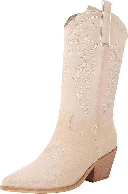 Women's Embroidered Western Cowboy Boots Mid Calf Chunky Heel Pull-Up Tabs Classic Cowgirl Boot | Amazon (US)