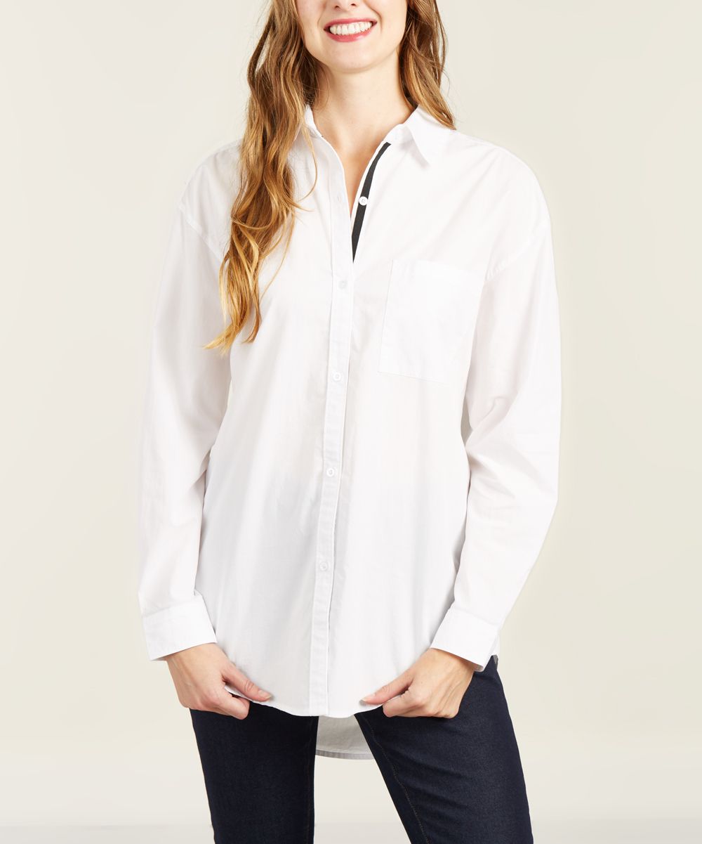 Tahari Women's Button Down Shirts WHITE - White Oversize Roll-Cuff Button-Up Top | Zulily