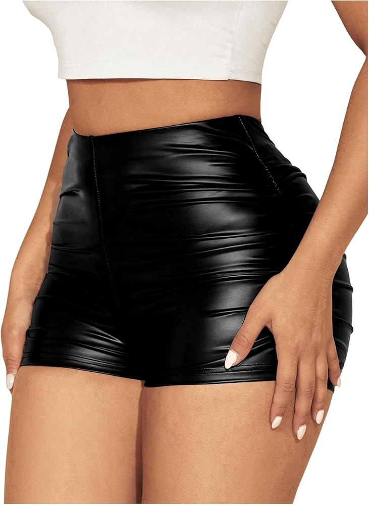 Milumia Women's Ruched Faux Leather Mini Shorts High Waist Sexy Going Out Rave Shorts | Amazon (US)
