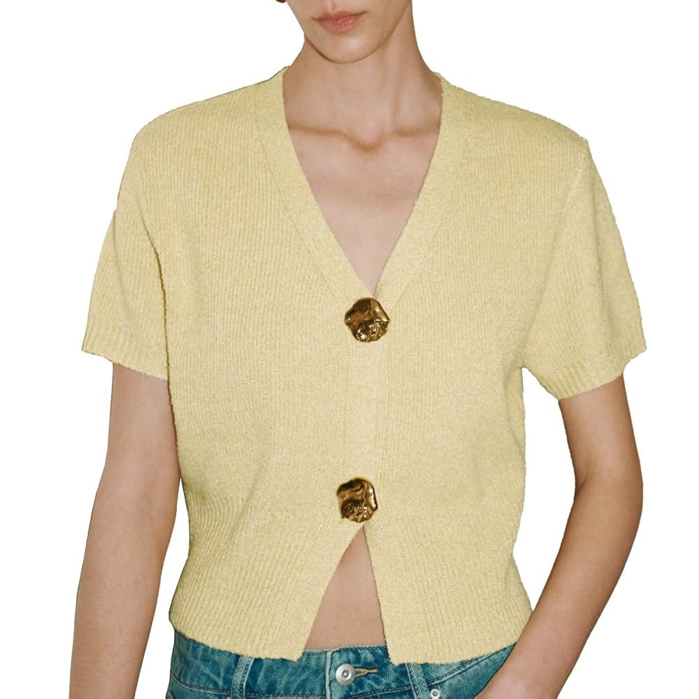 Women's Cardigan Sweaters Short Sleeve V Neck Gold Button Down Cropped Knit Casual Summer Tops | Amazon (US)