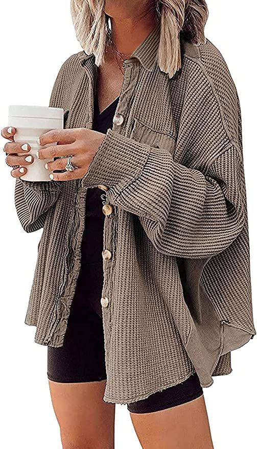 Nirovien Womens Waffle Knit Shirt Jacket Oversized Button Down Shacket Batwing Sleeve Tops | Amazon (US)