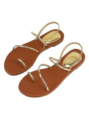 GORGLITTER Women's Metallic Ankle Strap Thong Sandles Slip on Open Clip Toe Slingback Summer Flat Sandals Gold 10.5 | Amazon (US)