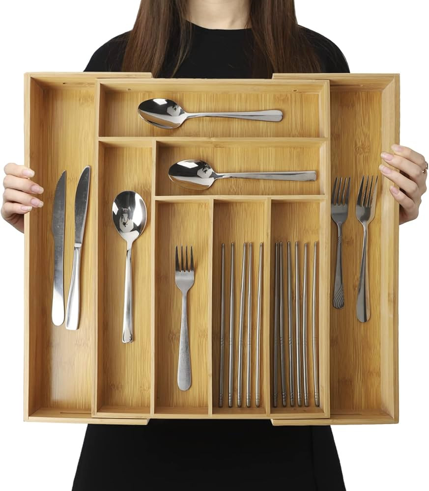 Large Expandable Bamboo Drawer Organizer-Kitchen Utensil, Flatware&Silverware Organizer-Wood Adju... | Amazon (US)