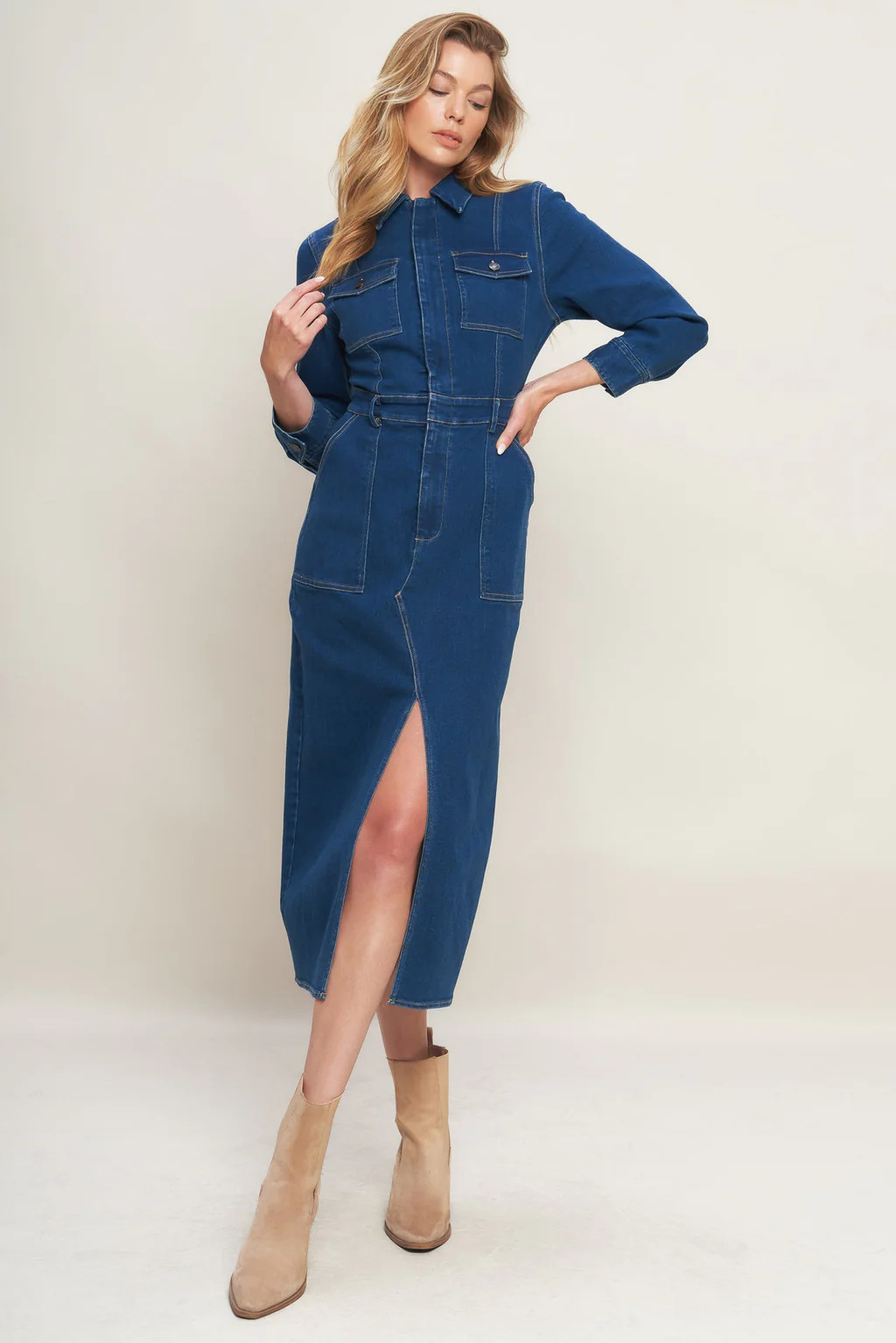 MIDNIGHT DARK INDIGO DENIM MIDI DRESS | Lady Black Tie