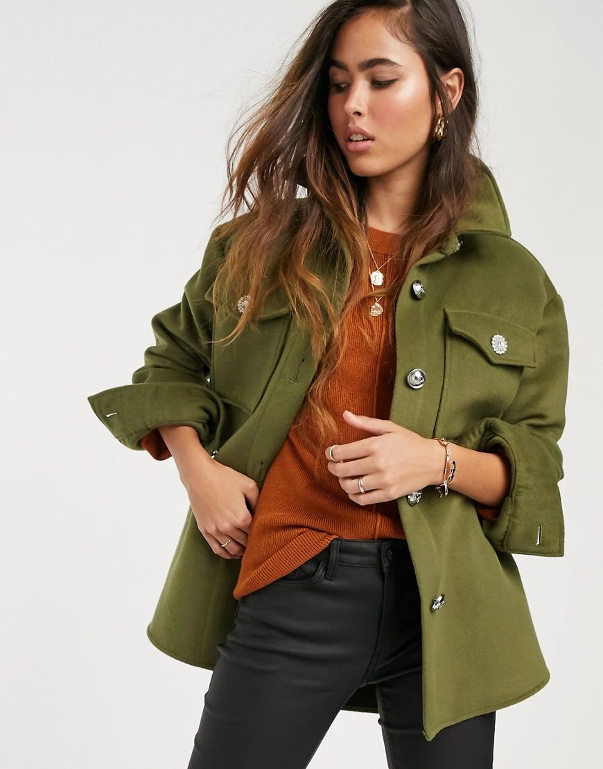 River Island oversized shacket with diamante button detail in khaki-Green | ASOS (Global)