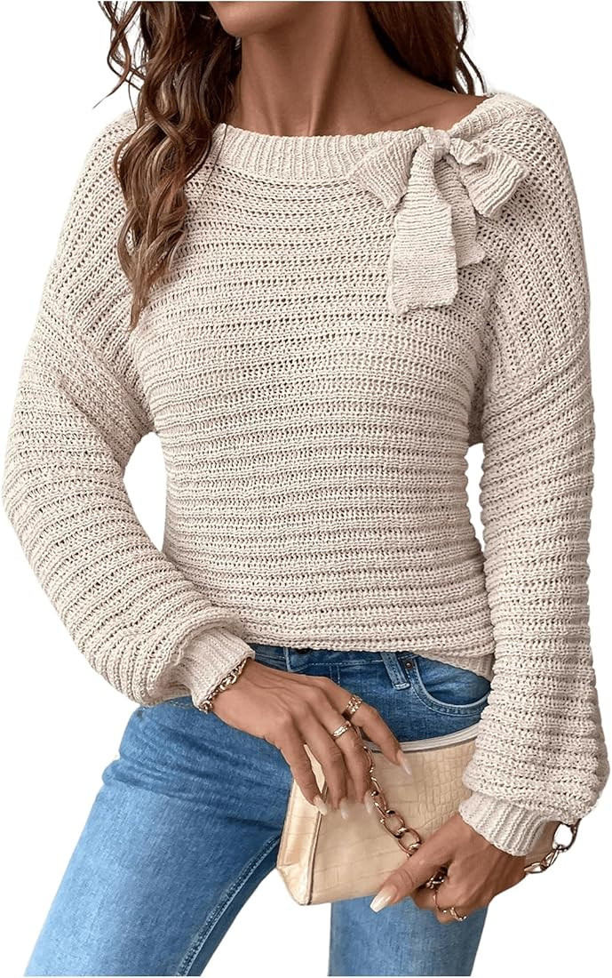 MakeMeChic Women's Bow Sweaters Off The Shoulder Long Sleeve Knitted Pullovers Top | Amazon (US)