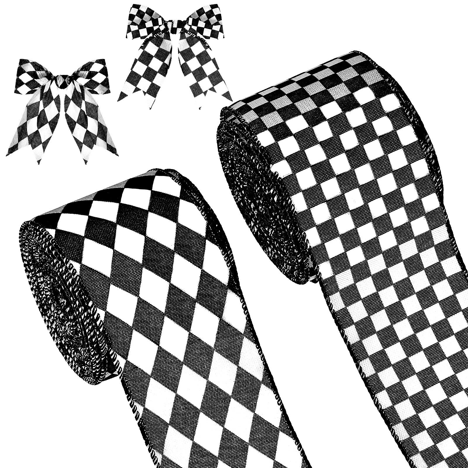 2 Rolls/ 20 Yards Black and White Checkered Ribbons Buffalo Plaid Wired Edge Ribbon Diamond Check... | Amazon (US)