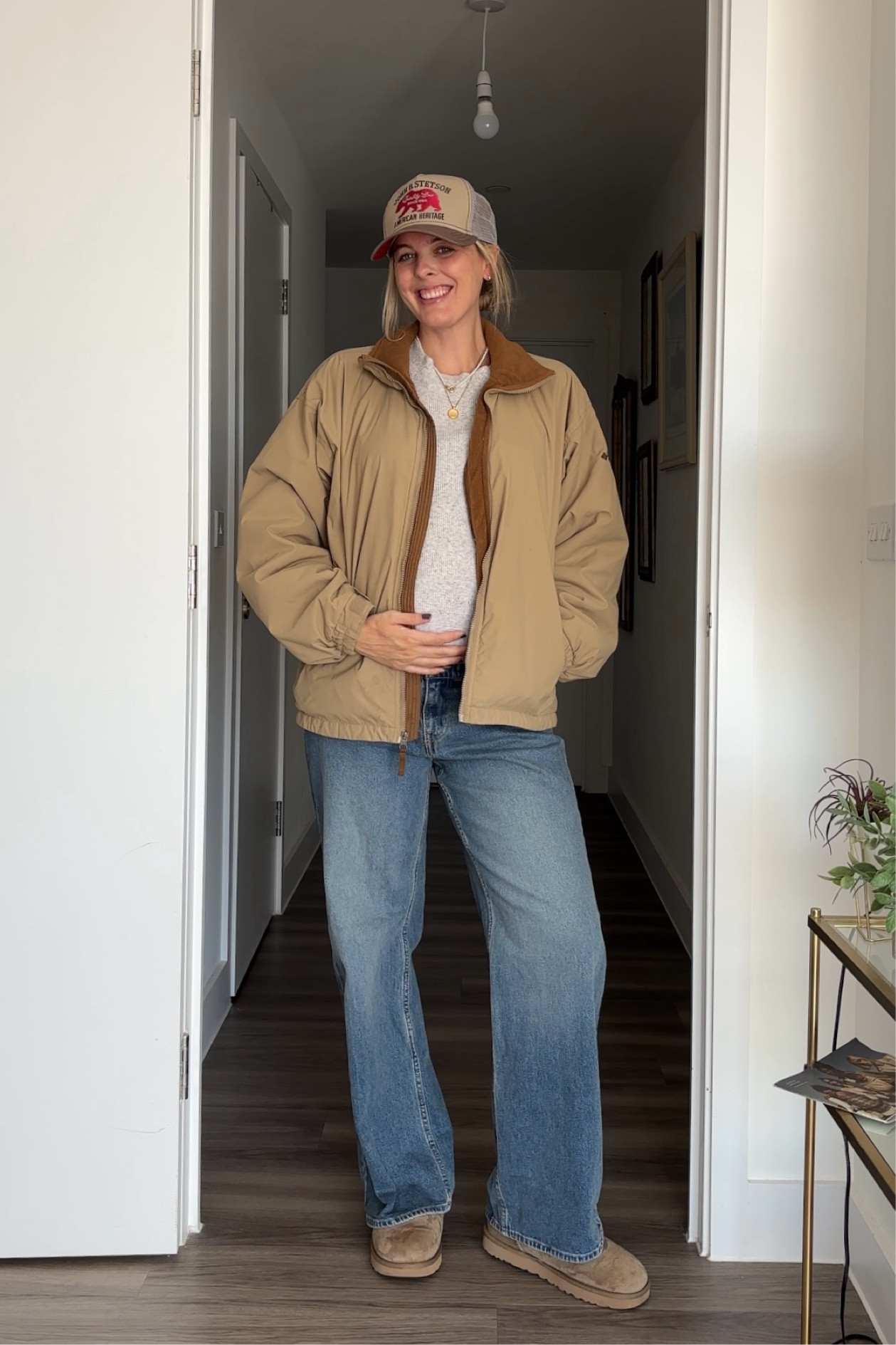 Comfortable and cute errands outfit! The jacket is thrifted but I found some similar styles for you, you could also probably borrow your husbands jacket. 

#LTKautumn #LTKeurope #LTKmaternity
