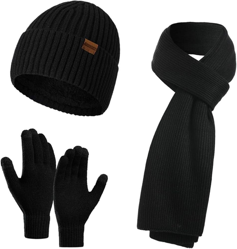 Winter Beanie Hats for Men Long Neck Scarf and Touchscreen Gloves Set with Fleece Lined Skull Cap... | Amazon (US)