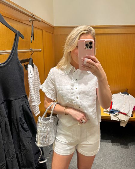 White on white for this classic summer look! White linen  ruffle top and the white jean shorts that aren’t too short but also aren’t too long 👏🏻 Fit is true to size in both. In the XS in the top and the 00 in the shorts! 🤍 #JCrew #JCrewObsessed #classicstyle #springstyle #springstyleinspo #outfitinspo #summerstyle #summerinspo #springbreakoutfits 

#LTKsalealert #LTKSeasonal #LTKstyletip