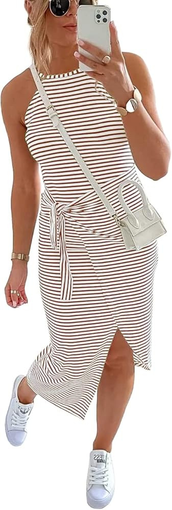 NOLLSOM Women Casual Sleeveless Striped Tank Midi Dresses Halter Neck Ruched Bodycon DressesTie W... | Amazon (US)