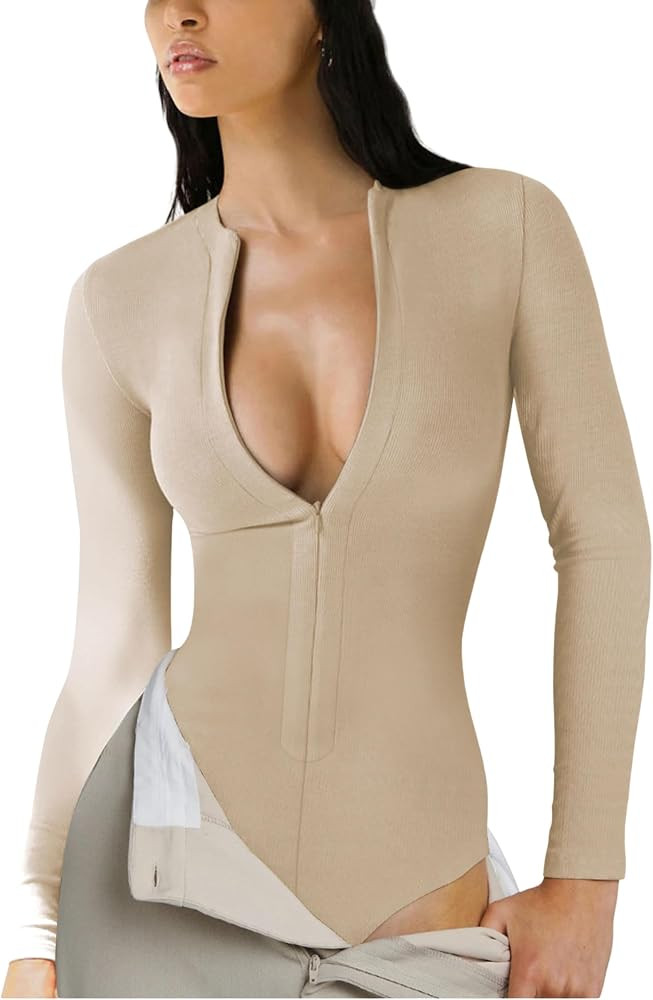 Ynhonra Women's Long Sleeves Bodysuit Tops Zip up Slim Fit Stretchy Jumpsuits Fall Sexy Shapewear... | Amazon (US)