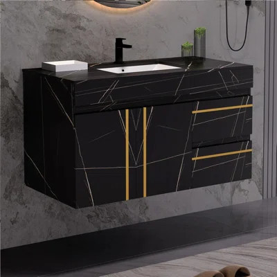 35.4'' Black Marble-Patterned Floating Bathroom Vanity with Gold Accents – 2 Soft-Close Drawers, 2 Doors & Integrated Ceramic Sink | Wayfair North America
