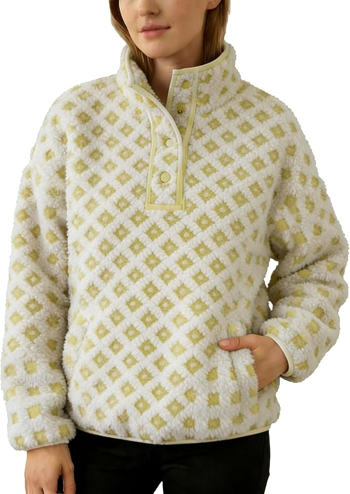 Checkered Fleece Sweatshirt for Women Long Sleeve High Neck Fuzzy Sherpa Hoodie Winter Plaid Pull... | Amazon (US)