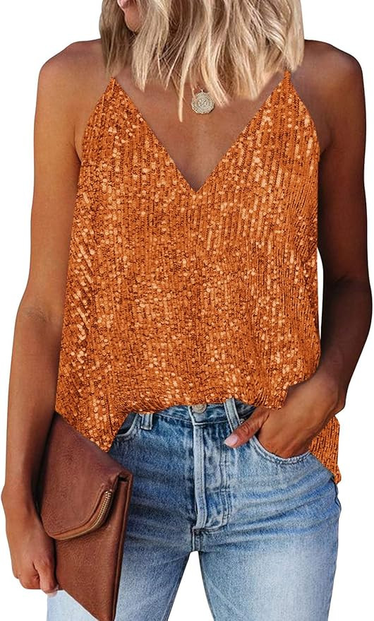 miduo Womens Tank Tops Casual Fashion V Neck Strappy Sequin Sparkle Shimmer Camisole Sleeveless T... | Amazon (US)