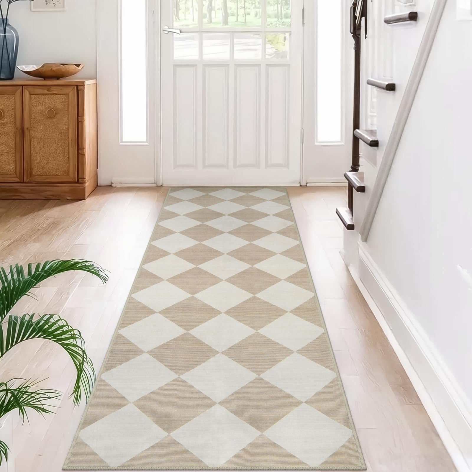 Beeiva Checkered Rug Runners for Hallways Non Slip 2.5x8, Ultra Thin Beige Kitchen Runner Rugs No... | Amazon (US)