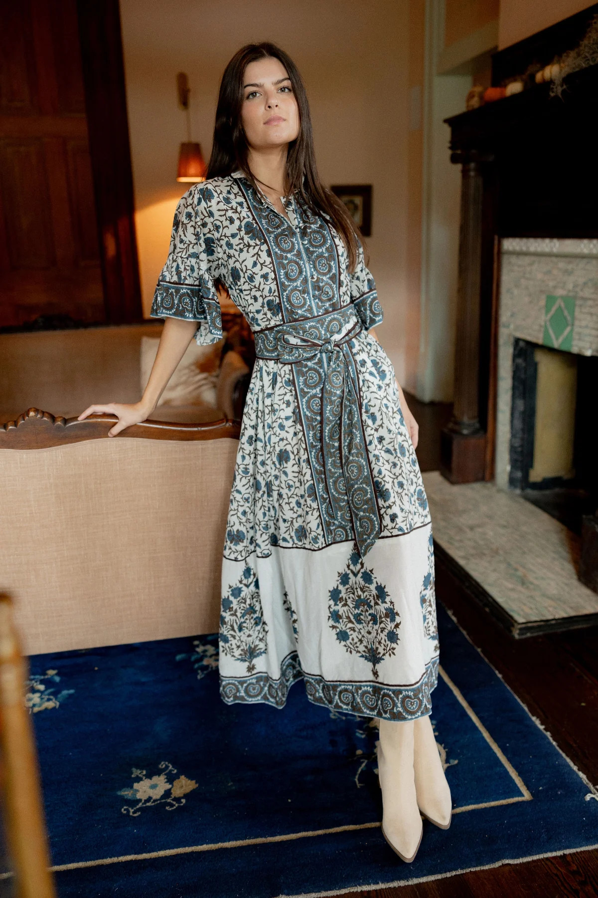 FINAL SALE Palladio Kaftan | Gris Blue/Brown Stylized Blooms | SUE SARTOR