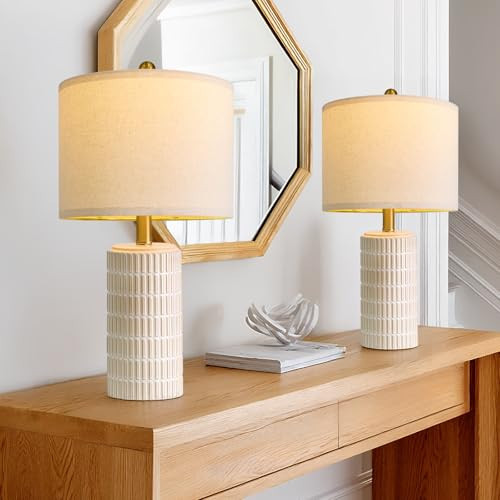 PoKat 20.75" Small Modern Ceramic Table Lamps Set of 2 for Bedroom, White Bedside Lamps for Night Stands, Farmhouse Desk Decor Gift Nightstand Table Lamps for Living Room End Table Beige | Amazon (US)