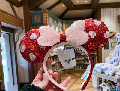 Disney Authentic Red Heart sequined Minnie mouse ear Headband Disneyland | eBay US