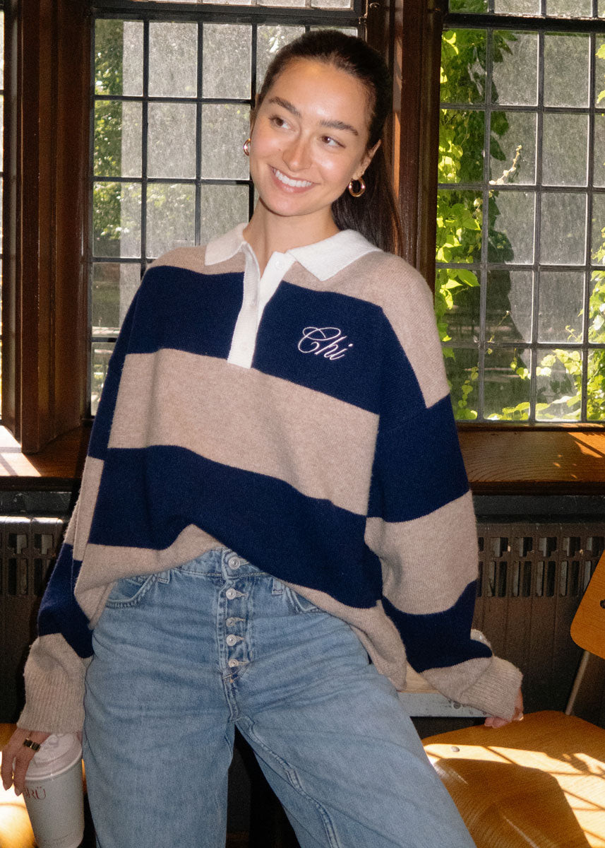 Chi Script Rugby Sweater - Tan &amp; Navy | Alice & Wonder
