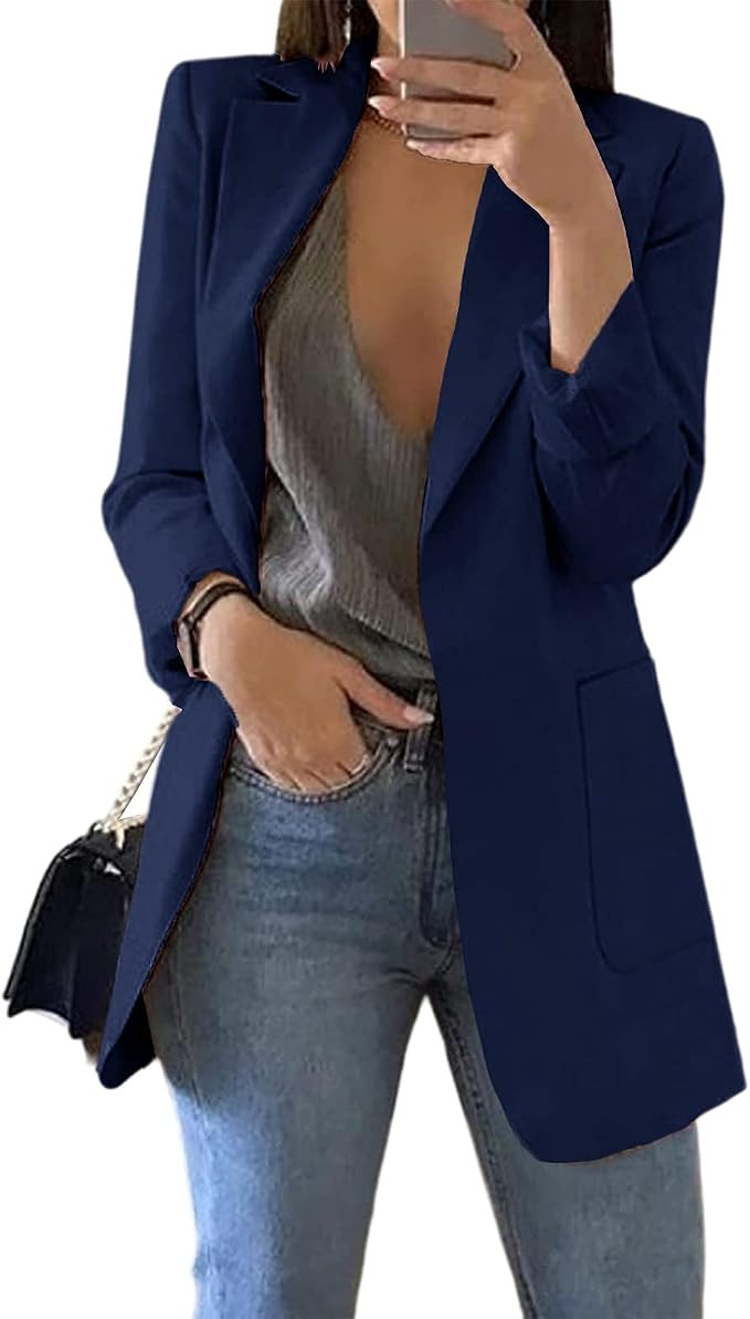Cnkwei Womens Casual Blazers Open Front Long Sleeve Lapel Collar Work Office Jacket | Amazon (US)