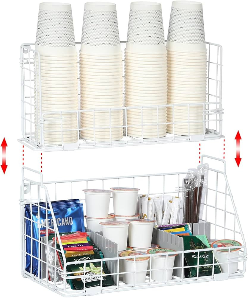 2 Tier Stackable Coffee Station Organizer and Coffee Cup Holder with 2 Removable Dividers, Wall M... | Amazon (US)