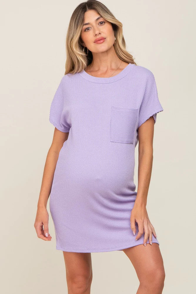 Lavender Ribbed Front Pocket Dolman Short Sleeve Maternity Dress | PinkBlush Maternity