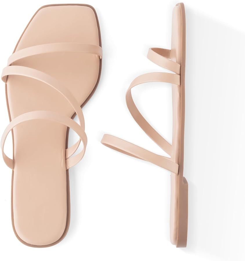LACUONE Strappy Flat Sandals For Women Slip On Square Open Toe Slides Sandals | Amazon (US)